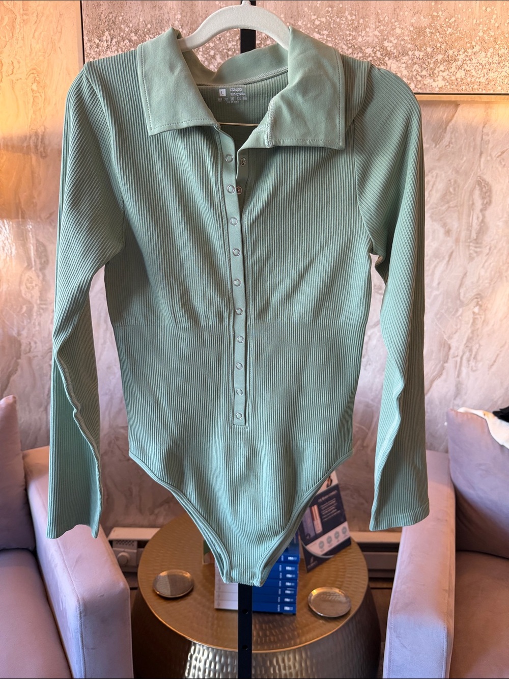 Ribbed Snap-Front Long-Sleeve Jumpsuit in Sage Green